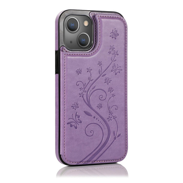 Butterflies Flowers Double Buckle PU + TPU Protective Case with Holder & Card Slots & Photo Frame - iPhone 13 Pro(Purple)