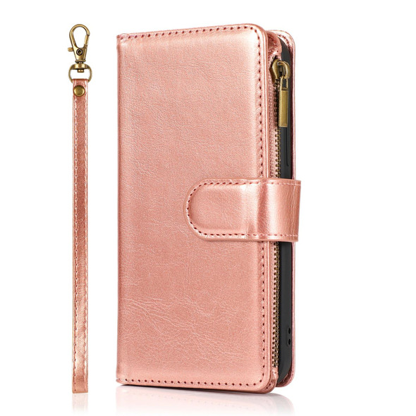 Multifunctional Crazy Horse Texture Horizontal Flip Leather Case with 9 Card Slot & Holder & Zipper Wallet & Lanyard - iPhone 13 Pro Max(Rose Gold)