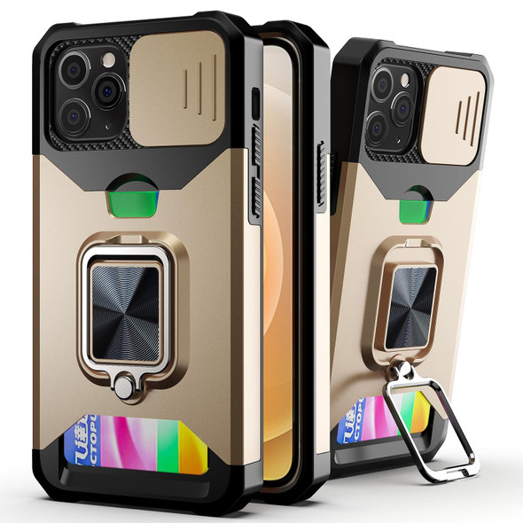 Sliding Camera Cover Design PC + TPU Shockproof Case with Ring Holder & Card Slot - iPhone 11 Pro Max(Gold)