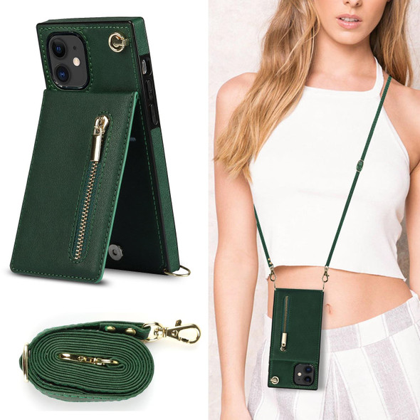 Cross-body Zipper Square TPU+PU Back Cover Case with Holder & Card Slots & Wallet & Strap - iPhone 11(Green)
