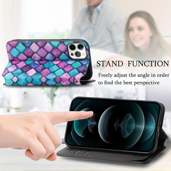 Colored Drawing Magnetic Horizontal Flip PU Leatherette Case with Holder & Card Slots & Wallet - iPhone 11 Pro Max(Purple Scales)