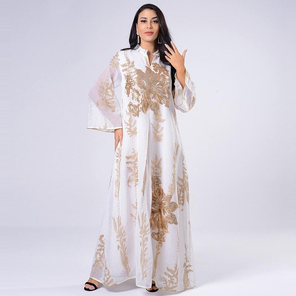 Women Gold Sequin Embroidered Stand Collar Dress (Color:White Size:XXL) - Open Box (Grade A)