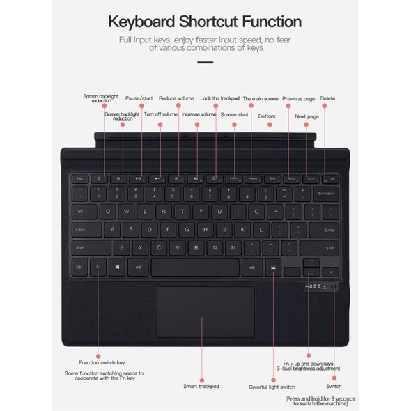 For Microsoft Surface Pro 3 / 4 / 5 / 6 / 7 / 7+ Magnetic Bluetooth Keyboard with backlight - Open Box (Grade A)