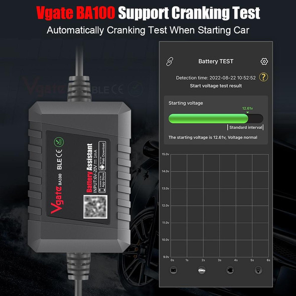 Vgate BA100 Car 12V Bluetooth 4.0 Battery Assistant Analyzer Tester - Open Box (Grade A)