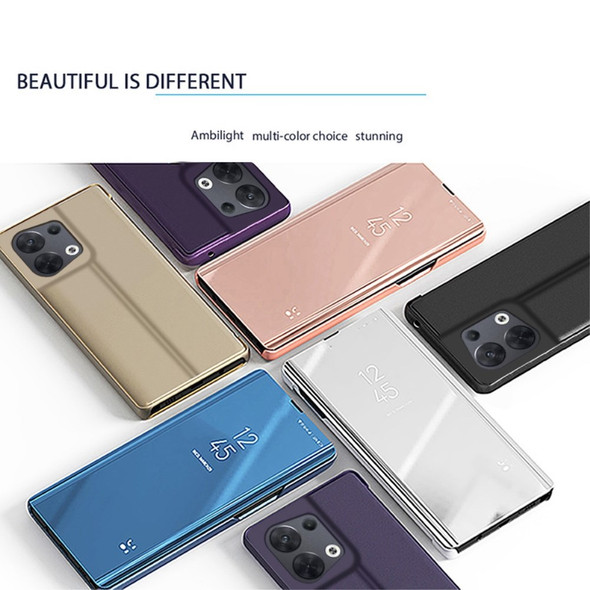 For Oppo Reno8 5G (Global Version) Scratch-proof PU Leather Mirror Flip Electroplating Cover Clear View Window Stand Phone Case - Blue(Color=Blue) - Open Box (GRADE A)