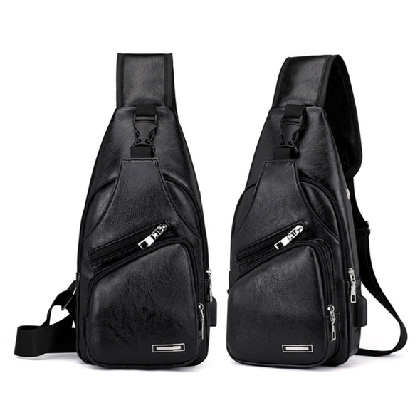 Men's Leather Sling Bag Chest Bag Shoulder Backpack Fanny Pack Crossbody Bag with USB Charging Port (Color=Brown) - Open Box (GRADE A)