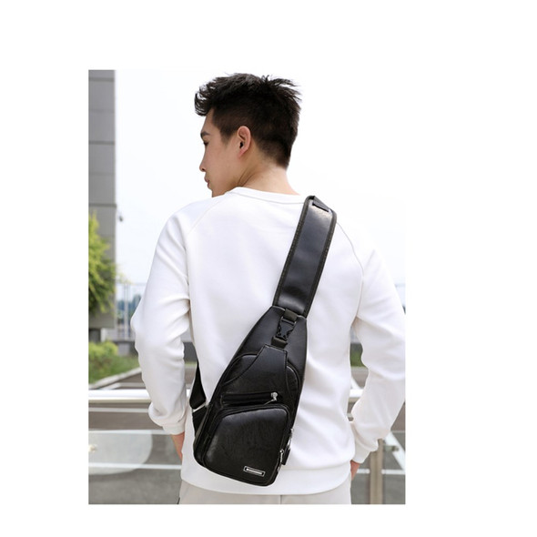 Men's Leather Sling Bag Chest Bag Shoulder Backpack Fanny Pack Crossbody Bag with USB Charging Port (Color=Brown) - Open Box (GRADE A)