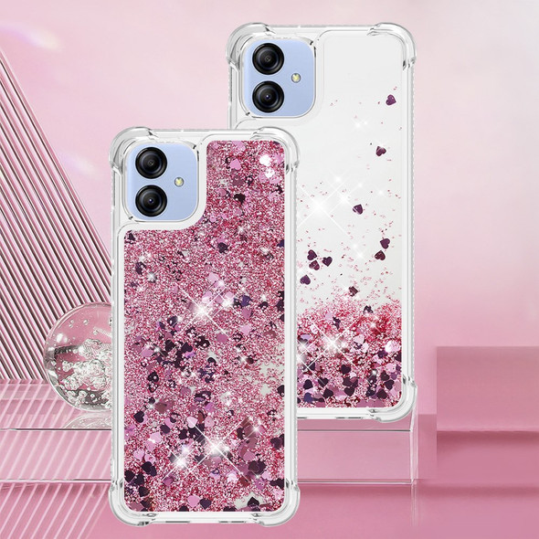 YB Quicksand Series-1 TPU Case for Samsung Galaxy A04e 4G / F04 4G / M04 4G Quicksand Liquid Sequins Anti-drop Cell Phone Cover (Color=Rose Gold / Hearts) - Open Box (GRADE A)