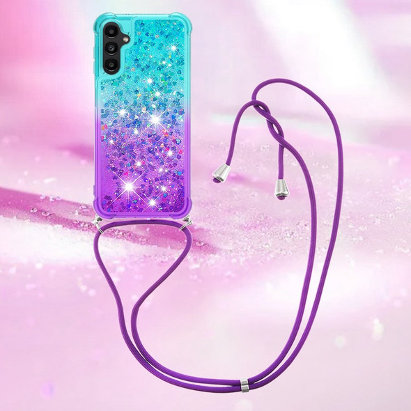 YB Quicksand Series-6 for Samsung Galaxy A14 5G Gradient Color Flexible TPU Back Case Liquid Quicksand Phone Drop-proof Cover with Lanyard (Color=Sky Blue/Purple) - Open Box (GRADE B)