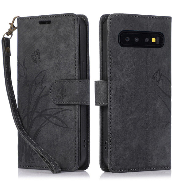 For Samsung Galaxy S10 Orchid Butterfly Embossed Leather Phone Case(Black)