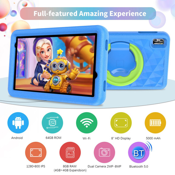 Pritom B8K 4G LTE Kid Tablet 8 inch,  4GB+64GB, Android 12 Unisoc T310 Quad Core CPU Support Parental Control Google Play(Blue)