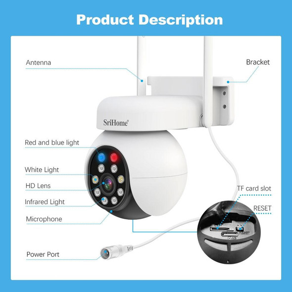 SriHome SH052B Wifi 5MP Wireless PTZ IP AI Auto Tracking Sound&Light Alarm Starlight Color Night Vision Outdoors Surveillance Camera, Plug: UK