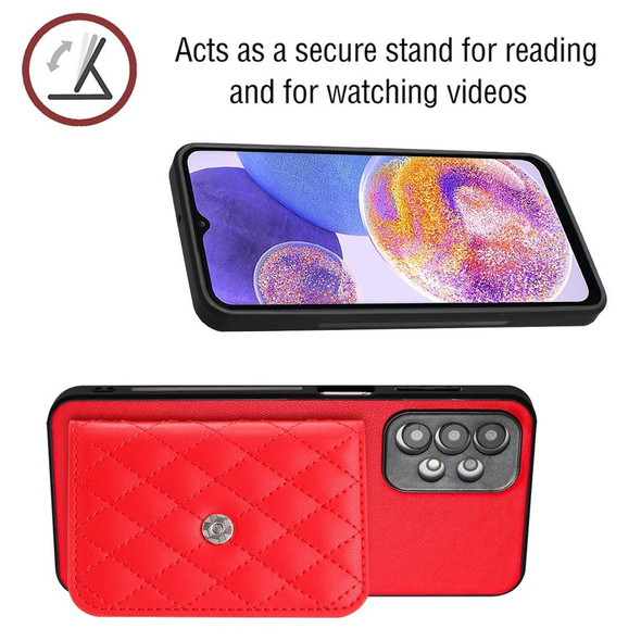 For Samsung Galaxy A23 Rhombic Texture Card Bag RFID Phone Case with Long Lanyard(Red)