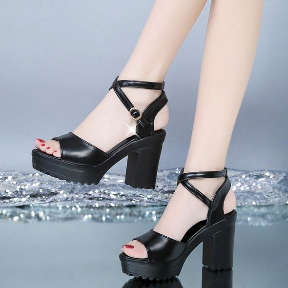 39 Women Heel Sandals Chunky Heel Thick Bottom Waterproof Platform Cross Buckle Strap Open Toe Shoes(Black)