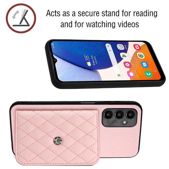 For Samsung Galaxy A25 5G Rhombic Texture Card Bag RFID Phone Case with Long Lanyard(Rose Gold)