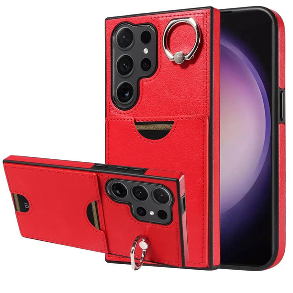 For Samsung Galaxy S24 Ultra 5G Calf Texture Card Slot Ring Holder Phone Case(Red)