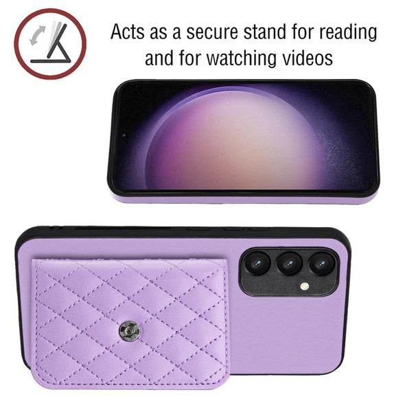 For Samsung Galaxy A34 5G Rhombic Texture Card Bag RFID Phone Case with Long Lanyard(Light Purple)