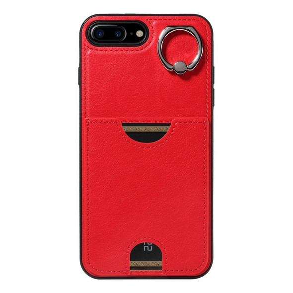 For  iPhone  8 Plus / 7 Plus Calf Texture Card Slot Ring Holder Phone Case(Red)