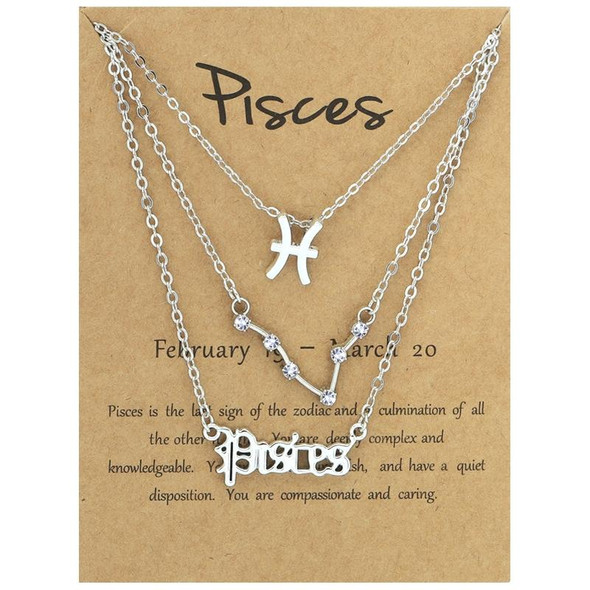 3 In 1 12 Zodiac Signs Necklace Set Retro Alphabet Symbols With Diamonds Jewelry Set, Style: Pisces Silver