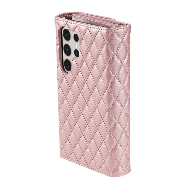 For Samsung Galaxy S24 Ultra 5G Zipper Multi-Card Wallet Rhombic Leather Phone Case(Rose Gold)