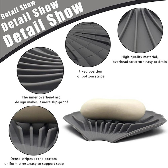 15x12.5x1.5cm Drainable Silicone Soap Box No Hole Deflector Soap Dish Shell Shape Non-Slip Soap Holder(Grey)