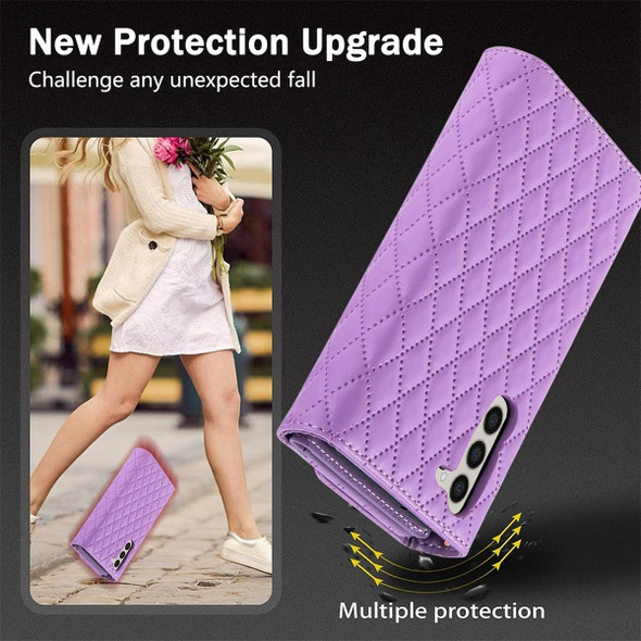 For Samsung Galaxy S21 FE 5G Zipper Multi-Card Wallet Rhombic Leather Phone Case(Purple)