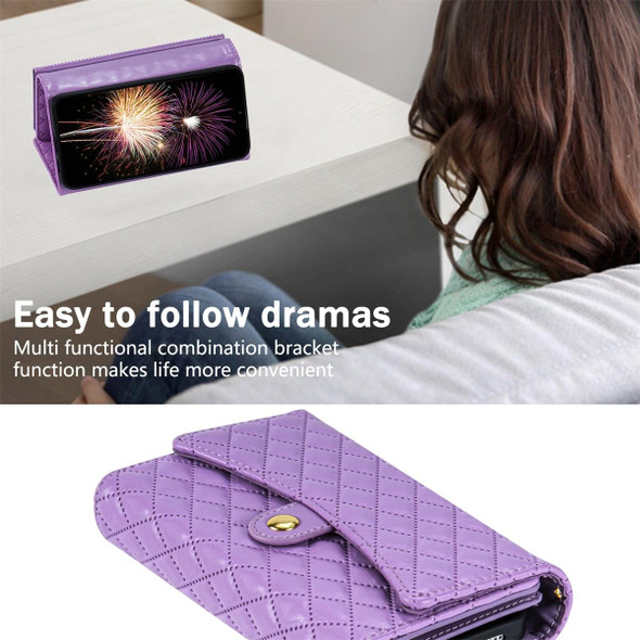 For Samsung Galaxy S21 FE 5G Zipper Multi-Card Wallet Rhombic Leather Phone Case(Purple)