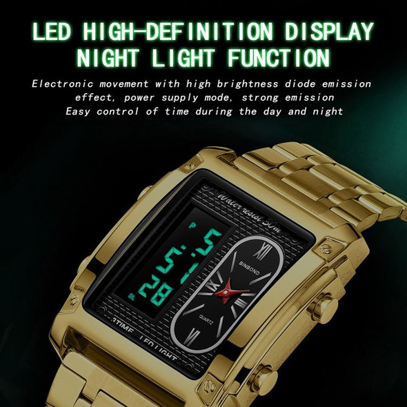 BINBOND B2311 30m Waterproof Men LED Luminous Multifunctional Quartz Watch, Color: Leather-Black Steel-Blue