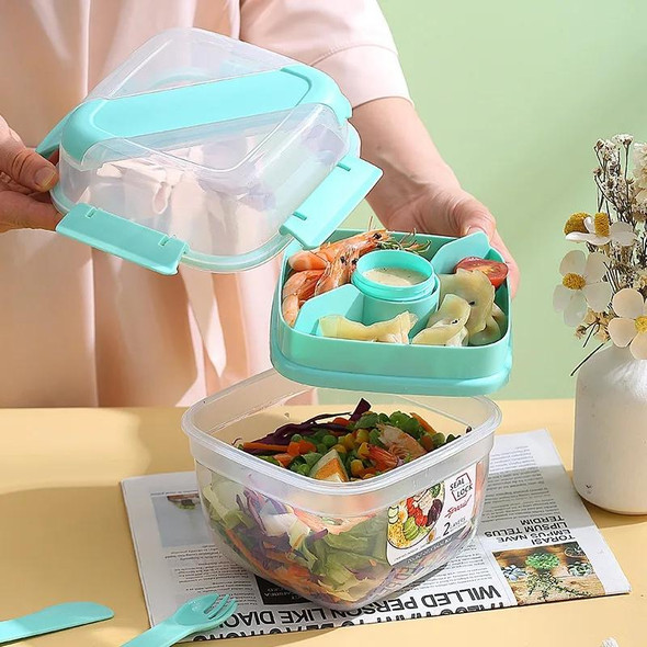 Microwaveable Double Layer Salad Container Picnic Lunch Box with Fork Spoon, Spec: White/Large