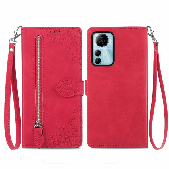 For ZTE Blade V41 Smart Embossed Flower Zipper Leather Phone Case(Red)