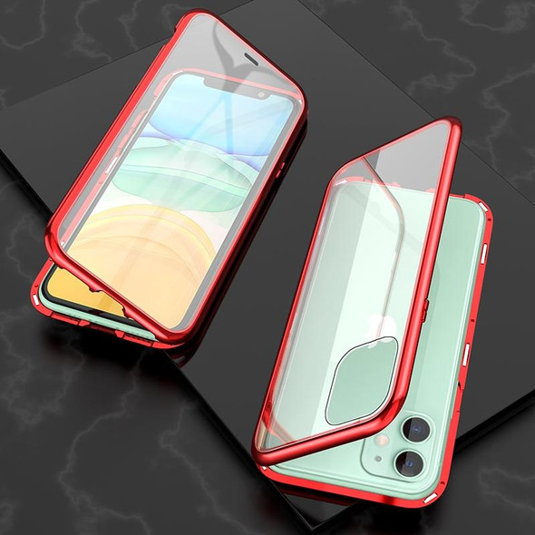 iPhone 11 Ultra Slim Double Sides Magnetic Adsorption Angular Frame Tempered Glass Magnet Flip Case(Red)