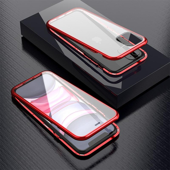 iPhone 11 Ultra Slim Double Sides Magnetic Adsorption Angular Frame Tempered Glass Magnet Flip Case(Red)