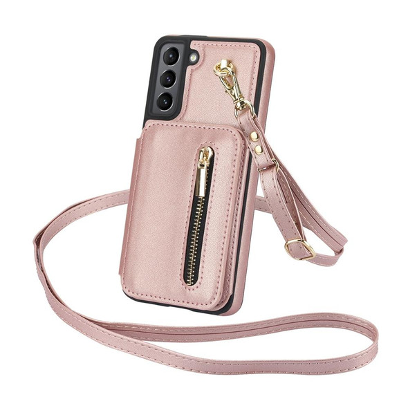 For Samsung Galaxy S21 5G YM006 Skin Feel Zipper Card Bag Phone Case with Dual Lanyard(Rose Gold)