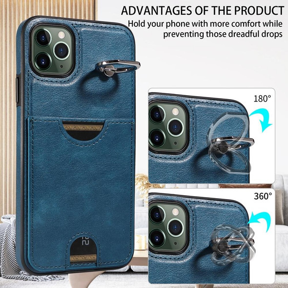 For iPhone 11 Pro Max Calf Texture Card Slot Ring Holder Phone Case(Blue)