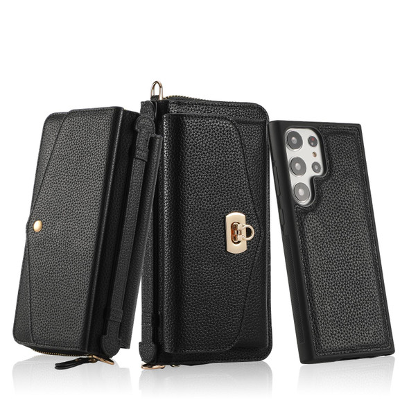 For Samsung Galaxy S23 Ultra 5G Crossbody Multi-functional Zipper Wallet Litchi Leather Phone Case(Black)