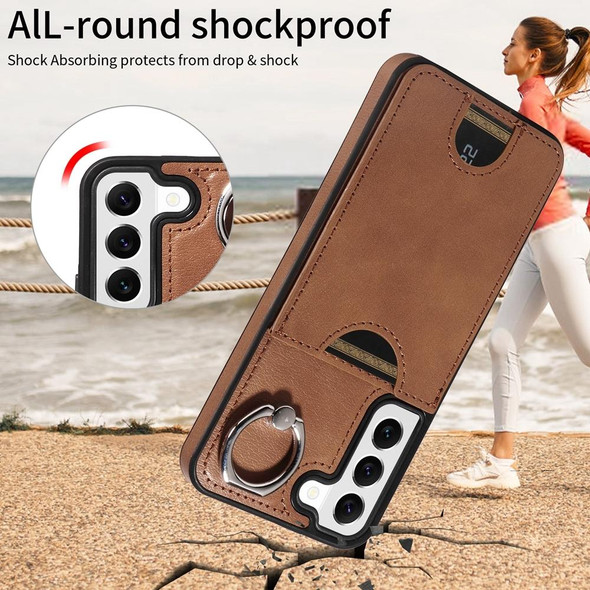 For Samsung Galaxy S22 5G Calf Texture Card Slot Ring Holder Phone Case(Brown)