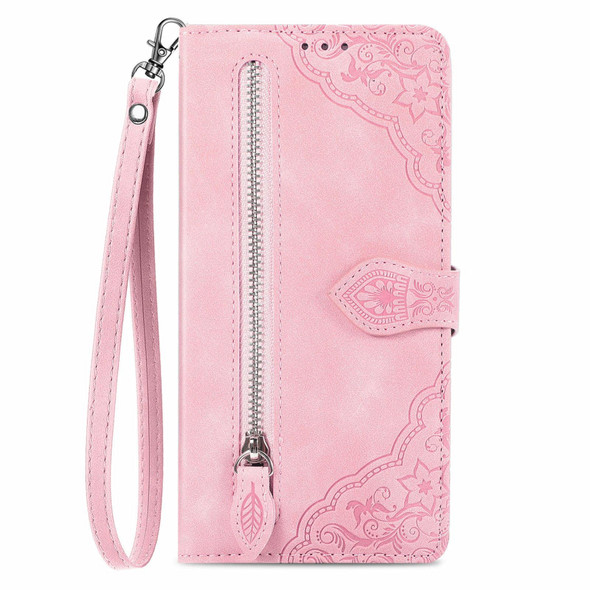 For ZTE Blade V41 Smart Embossed Flower Zipper Leather Phone Case(Pink)