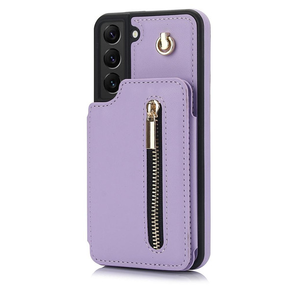 For Samsung Galaxy S22 5G YM006 Skin Feel Zipper Card Bag Phone Case with Dual Lanyard(Light Purple)