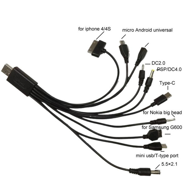 10 In 1 Multifunction USB Charging Cable For IPhone / PSP / Camera / Nokia / HTC / LG / Samsung(Black)