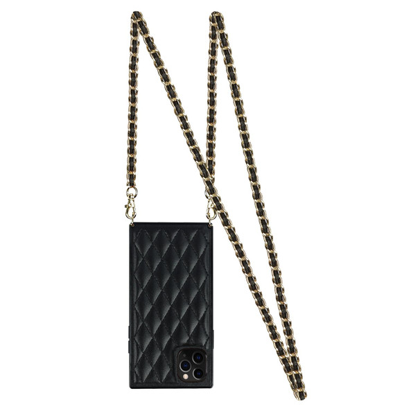 Elegant Rhombic Pattern Microfiber Leatherette +TPU Shockproof Case with Crossbody Strap Chain - iPhone 11 Pro Max(Black)