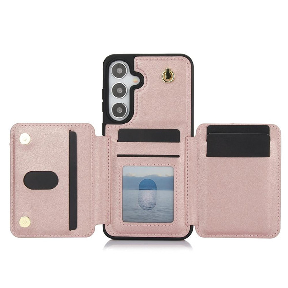 For Samsung Galaxy S24+ 5G YM006 Skin Feel Zipper Card Bag Phone Case with Dual Lanyard(Rose Gold)