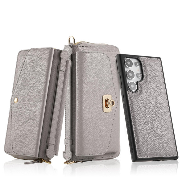 For Samsung Galaxy S24 Ultra 5G Crossbody Multi-functional Zipper Wallet Litchi Leather Phone Case(Grey)