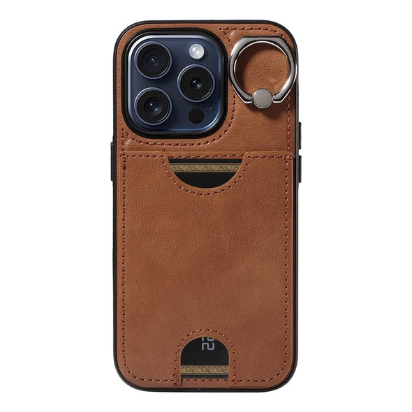 For iPhone 15 Pro Calf Texture Card Slot Ring Holder Phone Case(Brown)