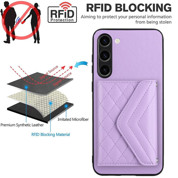 For Samsung Galaxy S23 5G Rhombic Texture Card Bag RFID Phone Case with Long Lanyard(Light Purple)