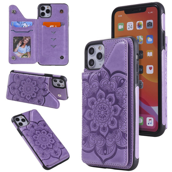 Flower Embossing Pattern Shockproof Protective Case with Holder & Card Slots & Photo Frame - iPhone 11 Pro Max(Purple)