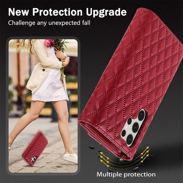 For Samsung Galaxy S21 Ultra 5G Zipper Multi-Card Wallet Rhombic Leather Phone Case(Red)