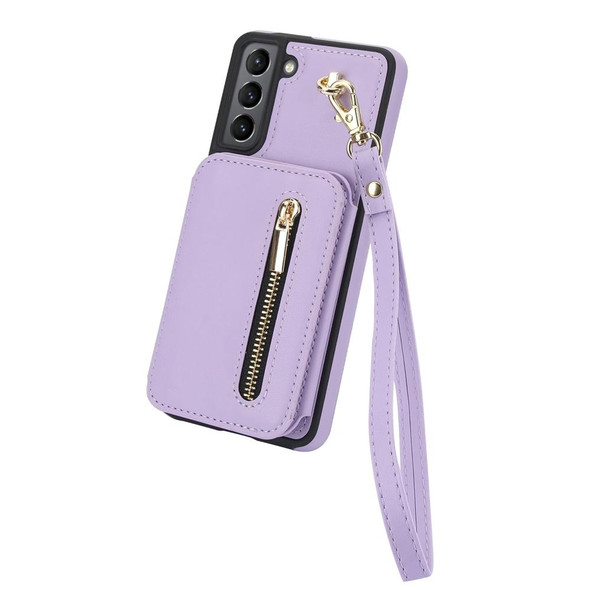 For Samsung Galaxy S21 5G YM006 Skin Feel Zipper Card Bag Phone Case with Dual Lanyard(Light Purple)