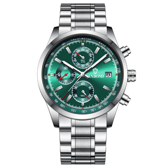BINBOND B6022 30m Waterproof Luminous Multifunctional Quartz Watch, Color: White Steel-Green