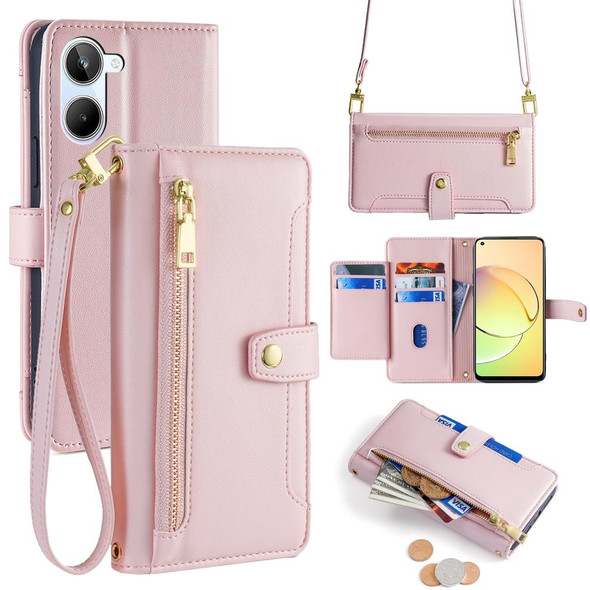 For Realme 10 4G Sheep Texture Cross-body Zipper Wallet Leather Phone Case(Pink)