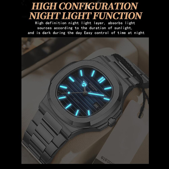 BINBOND B1885 30m Waterproof Retro Luminous Square Men Quartz Watch, Color: Black Steel-Blue-White